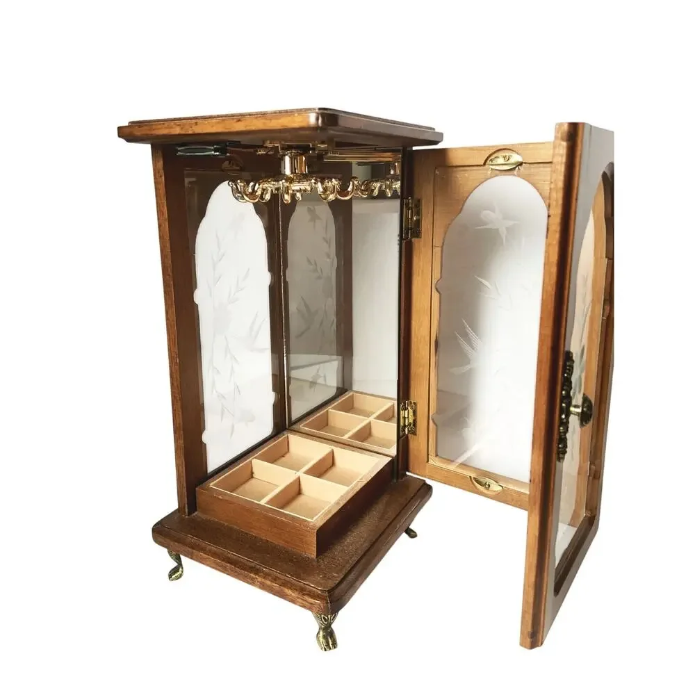 Vintage 1980s Wooden Etched Glass Jewelry Box Chest The Comadore by Rosalco